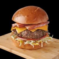 Chacao · Beef patty topped with American cheese, bacon, cole slaw, potato sticks, tomato, garlic sauc...
