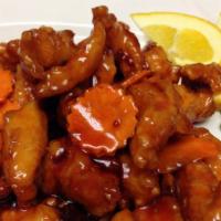 Orange Chicken · Tender marinated meats, lightly battered, deep-fried and then stir-fried with carrots and or...