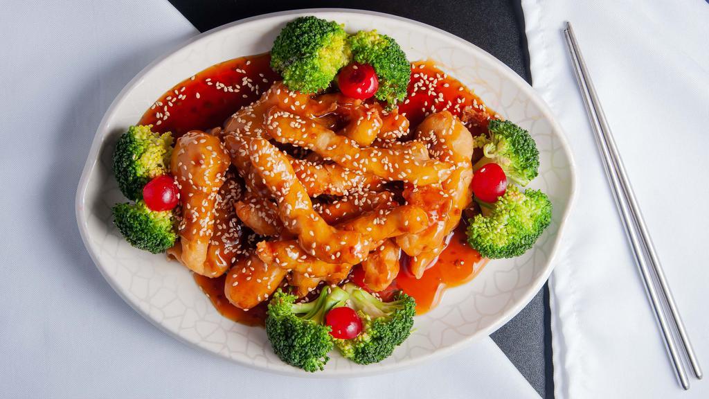 Sesame Chicken · Prepared with white chicken meat served with steamed rice.