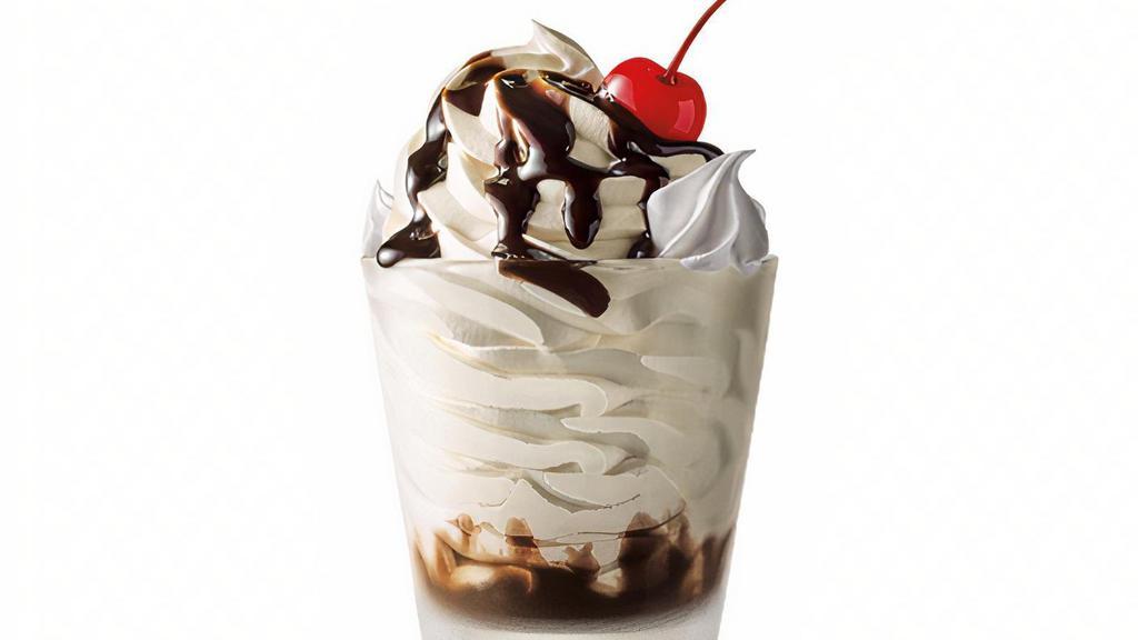 Hot Fudge Sundae · Our Hot Fudge Sundaes start with creamy, real vanilla ice cream swirled together with hot fudge, and finished with whipped topping and a cherry.