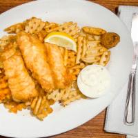 Fish & Chips · Beer-battered cod with fries.