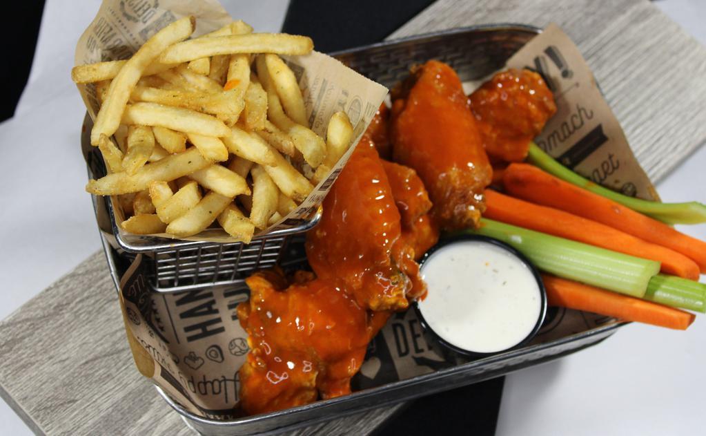 Boneless Wings And Fries · Boneless wings tossed with your choice of sauce.  Served with seasoned fries,  carrots, celery and choice of ranch or blue cheese dressing. 1710-2240 cal