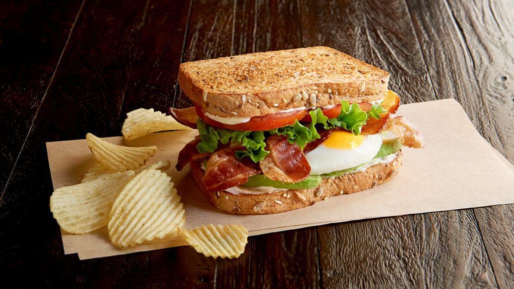 Bigger Better Blt Regular · Bacon, leafy lettuce, Roma tomatoes, fresh-cracked egg,* mayo, avocado slices, toasted multigrain wheat. Served with chips or baked chips (150/100 cal) and a pickle (5 cal).