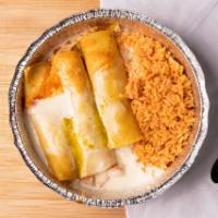 Enchiladas Santa Fe · Two enchiladas stuffed with a mixture of grilled chicken, black beans, corn, and pico de gal...