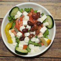 Greek Salad · Vegetarian. Lettuce, tomato, cucumber, black olives, and onion with feta cheese.