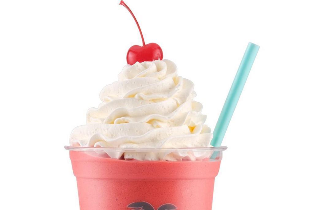 Strawberry Freezecake · Rich blend of strawberry fruit, creamy cheesecake, vanilla ice cream and topped with whipped cream and a cherry