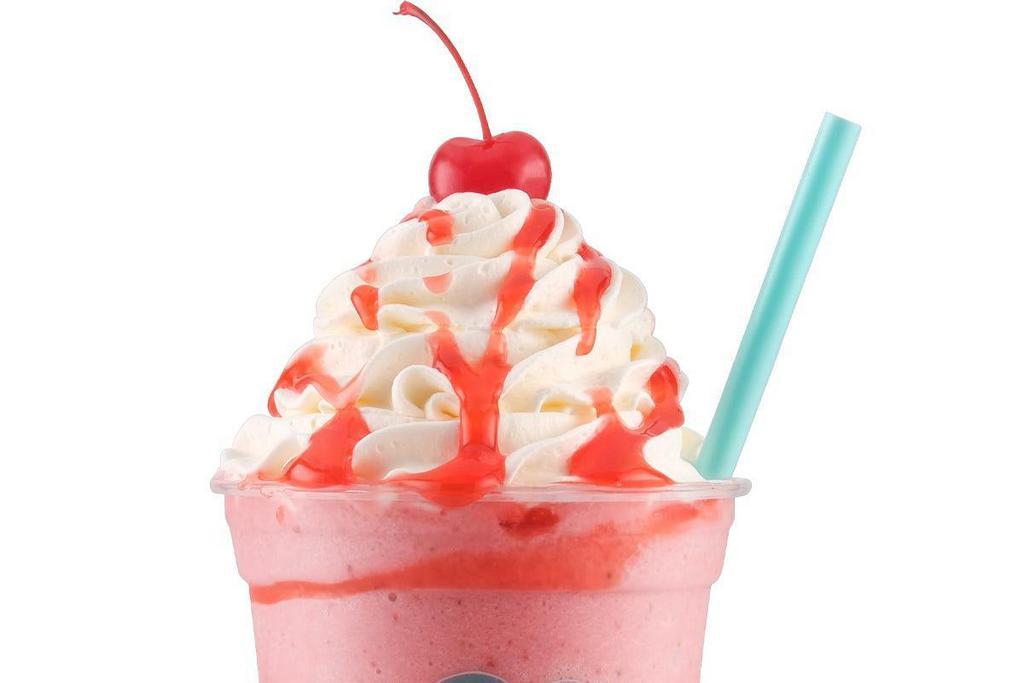 Strawberry Bliss · Strawberry fruit blended with strawberry ice cream and dressed with strawberry sauce, whipped cream and a cherry