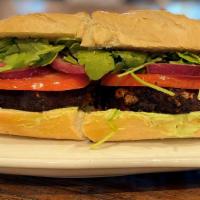 Vegan Black Bean Burger · Freshly grilled chipotle black bean patty, dressed with house made vegan avocado aioli, beef...