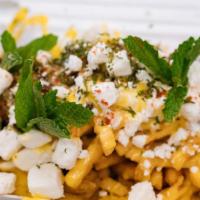 Greek Fries · Seasoned hand cut fries loaded with protein, feta, tzatziki and honey mustard. (choose your ...
