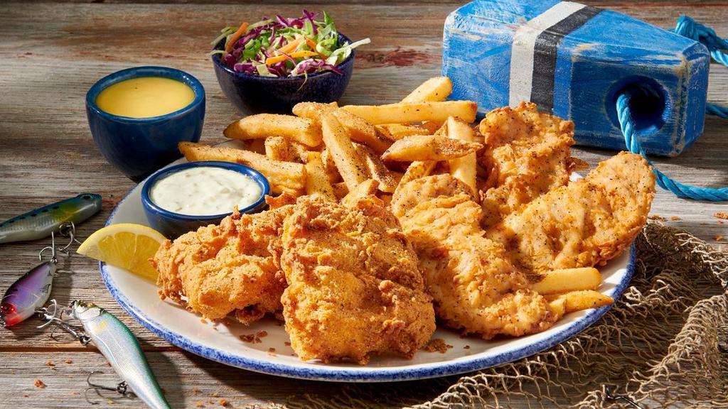 Cod 'A Doodle Do · This is why the chicken crossed the road. To get to the battered and breaded cod filet. Which pairs nicely with the buttermilk dipped chicken tenders, all served with coleslaw, French Fries, tartar sauce and honey mustard. Ahoy, and enjoy.