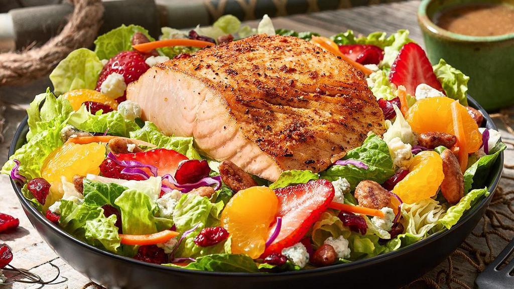 Caribbean  Salmon Salad · A wonderfully seasoned 6-oz. salmon fillet served on a bed of iceberg and romaine lettuces along with juicy sliced strawberries, mandarin oranges, tangy died cranberries and bleu cheese crumbles. Served with balsamic vinaigrette.