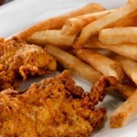 Kids Chicken Tenders · Two chicken tenders served with choice of honey mustard or ranch for dipping and french frie...