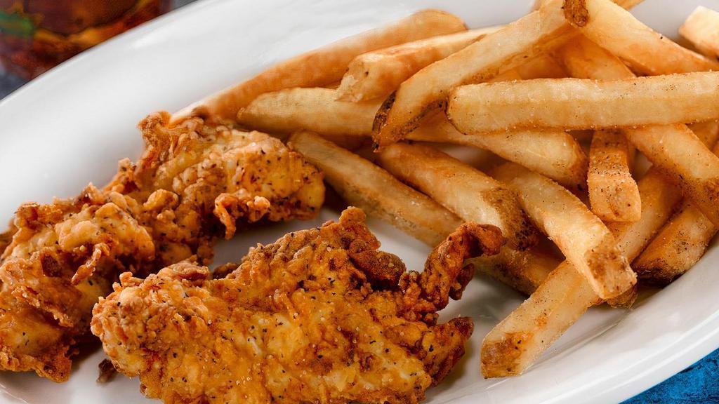 Kids Chicken Tenders · Two chicken tenders served with choice of honey mustard or ranch for dipping and french fries or broccoli.