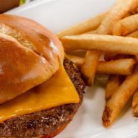 Kids Cheeseburger · American cheese on a toasted bun with lettuce, tomato and pickle. Served with french fries o...