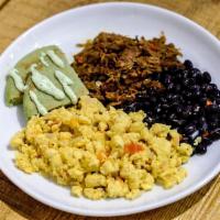 The Miami Breakfast · scrambled “egg”, jackfruit “carne”, black beans, plant power arepa
