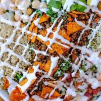 Taco Salad · kale salad, lentil walnut “meat”, organic quinoa, garbanzo beans, cherry tomatoes, alfalfa ...