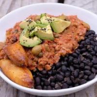 Picadillo Bowl · Beyond Meat picadillo, brown rice, black beans, sweet plantains, olives, avocado