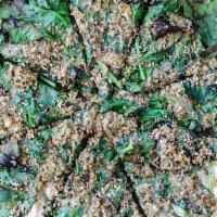 Pizza Verde · cashew cream, spinach, basil-pesto, “parm” crumble