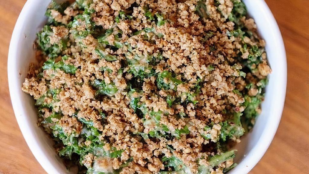 Side Kale Salad · kale, “parm” crumble, lemon garlic dressing GF