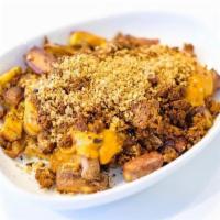 Loaded Fries · golden bakes fries, love life cheddar cheese, lentil walnut meat GF