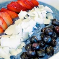 Blue Majik Bowl · blend of banana, mango, pineapple and Blue Majik, topped with strawberries, blueberries, chi...