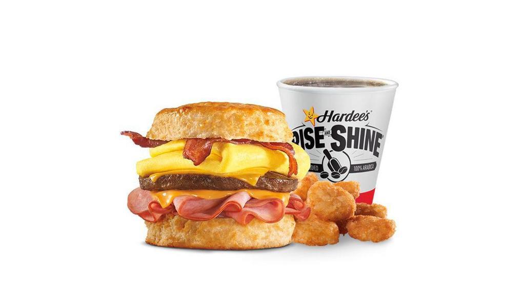 Monster Biscuit® Combo · Crispy bacon, sausage patty, thinly sliced ham, folded egg and two slices of American cheese on a Made from Scratch Biscuit™. Served with Hash Rounds® and a Coffee.. Breakfast served until *10:30am (*Hours may vary by day)
