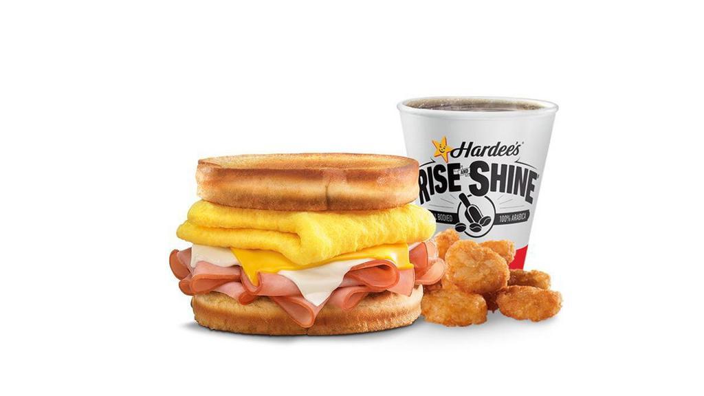 Frisco Breakfast Sandwich®  Combo · Thinly sliced ham, folded egg,  American & Swiss cheeses on sourdough toast. Served with Hash Rounds® and a Beverage.. Breakfast served until *10:30am (*Hours may vary by day)