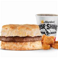 Sausage Biscuit Combo · A grilled sausage patty on a Made from Scratch Biscuit™. Served with Hash Rounds® and a beve...