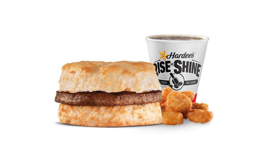 Sausage Biscuit Combo · A grilled sausage patty and folded egg on a Made From Scratch™ Biscuit. Served with Hash Rounds® and a Beverage.. Breakfast served until *10:30am (*Hours may vary by day)