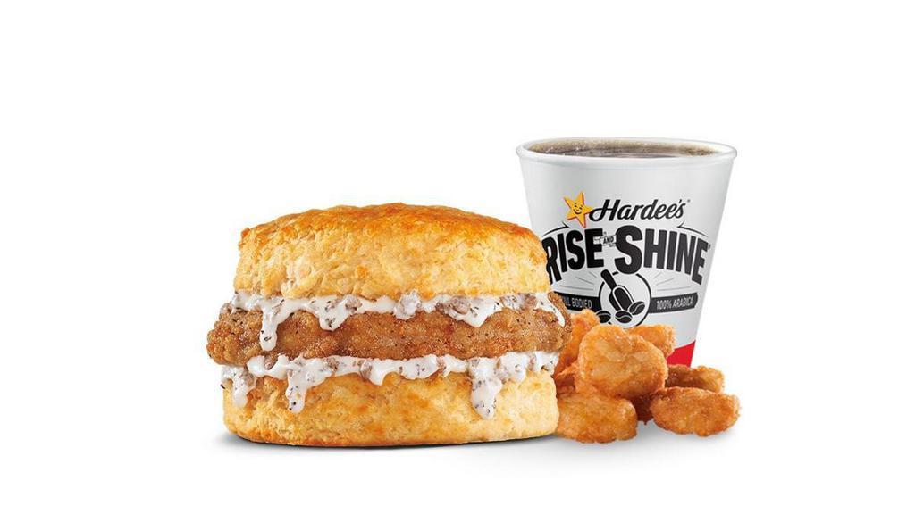 Pork Chop 'N' Gravy Biscuit Combo · Breaded boneless pork chop smothered with sausage gravy on a Made from Scratch Biscuit™. Served with Hash Rounds® and a Coffee.. Breakfast served until *10:30am (*Hours may vary by day)