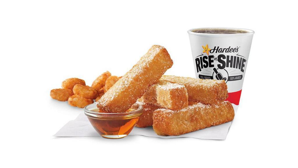 French Toast Dips® Combo · 5-piece French Toast Sticks, sweetly sprinkled with powdered sugar, served with a side of syrup. Served with Hash Rounds® and a Beverage.. Breakfast served until *10:30am (*Hours may vary by day).