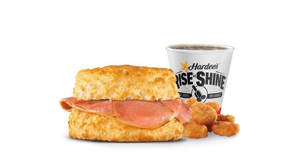 Country Ham Biscuit Combo · A slice of country ham on a Made from Scratch Biscuit™. Served with Hash Rounds® and a Coffee.. Breakfast served until *10:30am (*Hours may vary by day)