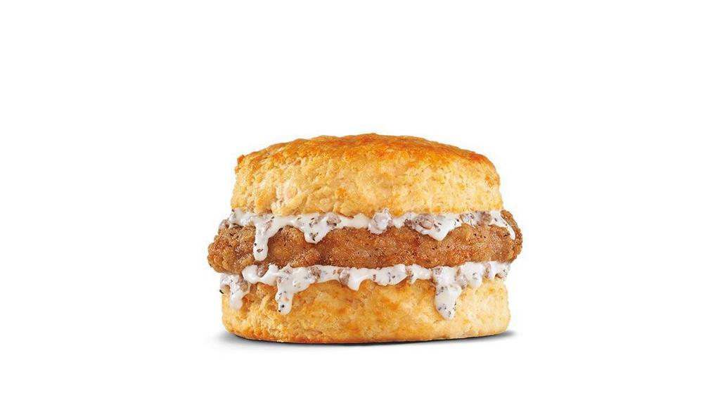 Pork Chop 'N' Gravy Biscuit · Breaded boneless pork chop smothered with sausage gravy on a Made From Scratch™ Biscuit. Breakfast served until *10:30am (*Hours may vary by day)