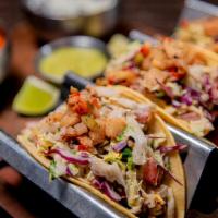Baja Shrimp Tacos · Chipotle Mayo, Mexican Slaw, Avocado