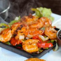 Shrimp Fajitas · achiote-citrus-herb marinated shrimp, salsa verde. Served with bell peppers, onion, pico de ...