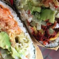 Kazu Sushi Burrito · Spicy tuna, salmon, shrimp tempura, avocado, cucumber, mango, tobiko, tempura flakes, shrimp...