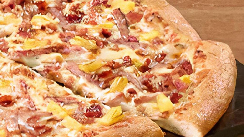Hawaiian Luau · A vacation from ordinary. This pie comes topped with savory sliced Ham, smoky bacon and sweet pineapples.