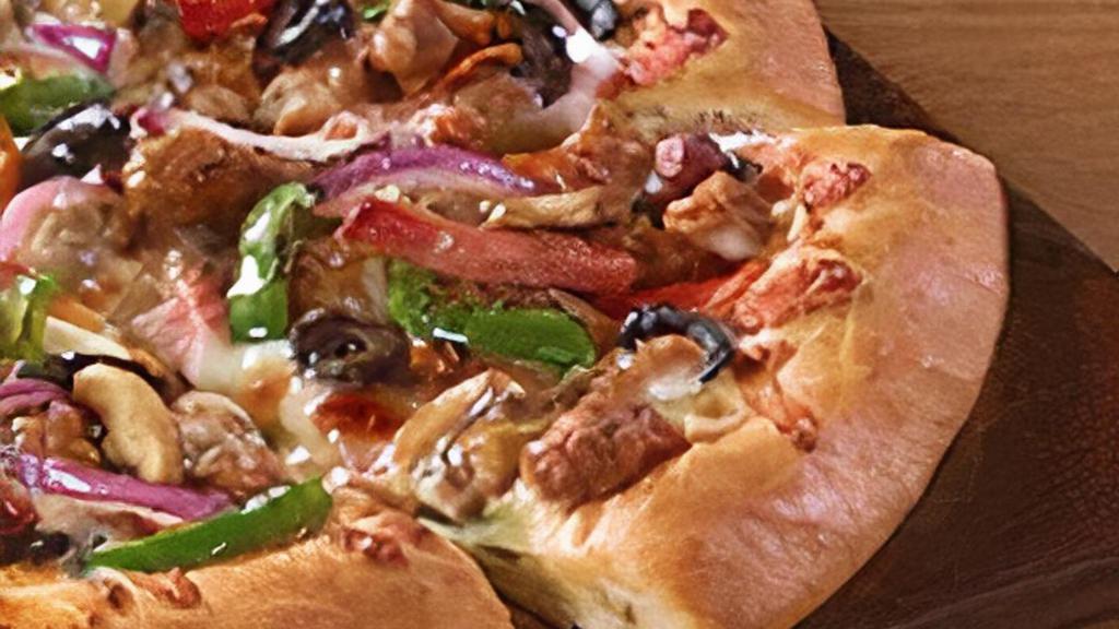 Sup Supreme · Pepperoni, ham, beef, seasoned pork, Italian sausage, red onions, mushrooms, green bell peppers and black olives. It's super!