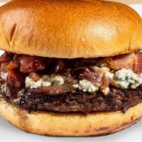 Bacon N Blue Burger · Our signature 100% fresh beef patty topped with Gorgonzola Cheese, Applewood Smoke Bacon, Ca...