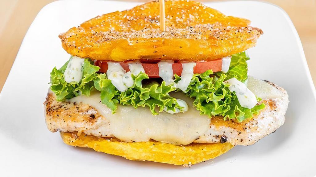 Toston Chicken · All natural chicken breast topped with jack cheese, lettuce, tomatoes, and cilantro sauce between two fried plantains as buns.