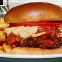 Italian Bada Boom! Burger · 100% Angus burger topped with a hearty marinara blended with onions and green peppers, tomat...