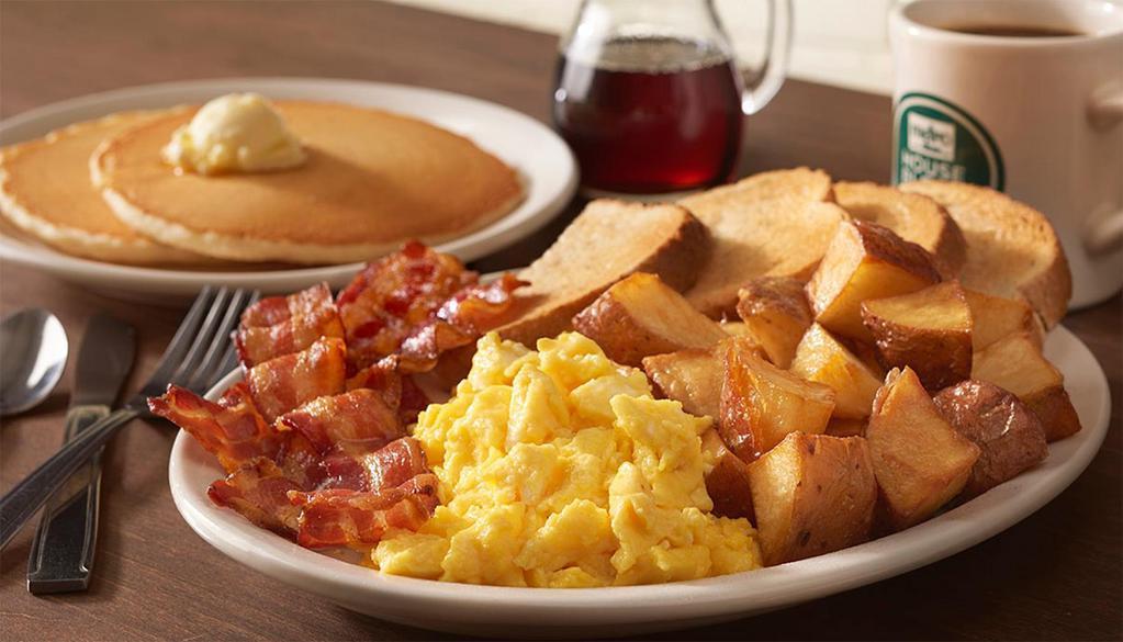 The Bissell Breakfast · Two eggs any style, bacon, toast, hashbrowns or grits, and a short stack of pancakes.