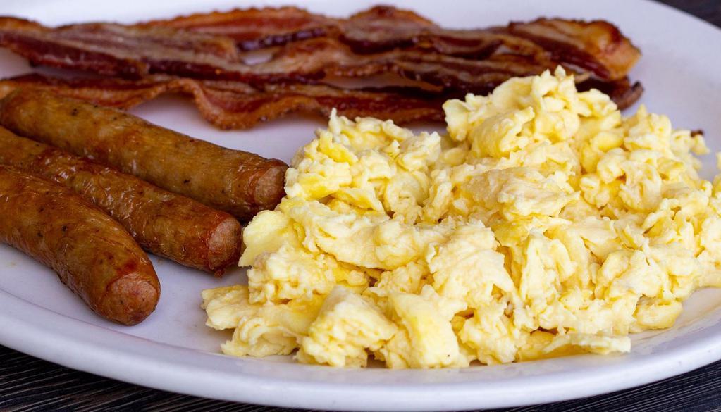 Protein Breakfast · Scrambled eggs and choice of two meats: bacon, sausage patties, sausage links, turkey sausage or Canadian bacon.