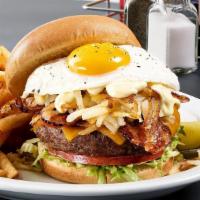 Breakfast Burger · 100% Angus burger, cheddar cheese, hashbrowns, lettuce, tomato, bacon, an egg any style and ...