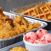 Fried Chicken & Waffles For 4 · Our famous fried chicken and Belgian waffles. Served with sweet, strawberry butter and signa...