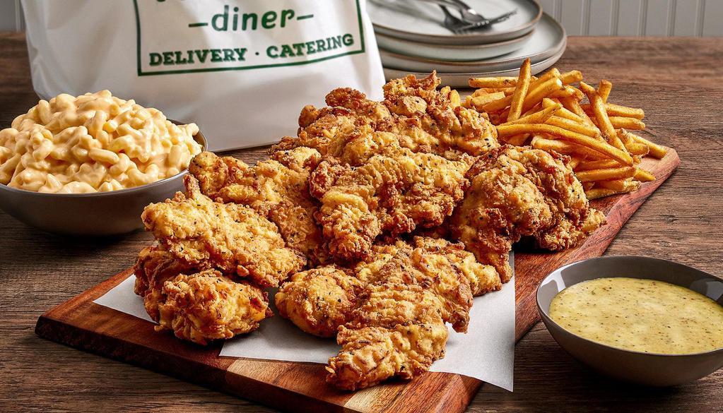Chicken Tenders For 4 · Buttermilk marinated chicken tenders, seasoned fries and choice of coleslaw or macaroni & cheese