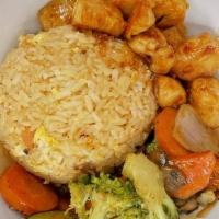 Chicken Rockin Bowl · Traditional Japanese Fried Rice, Hot Hibachi vegetables, cooked to perfection chicken breast...
