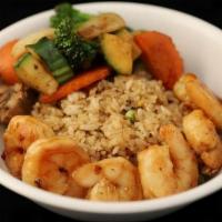 Shrimp Rockin Bowl · Traditional Japanese Fried Rice, Hot Hibachi vegetables, 6 cooked to perfection white shrimp...