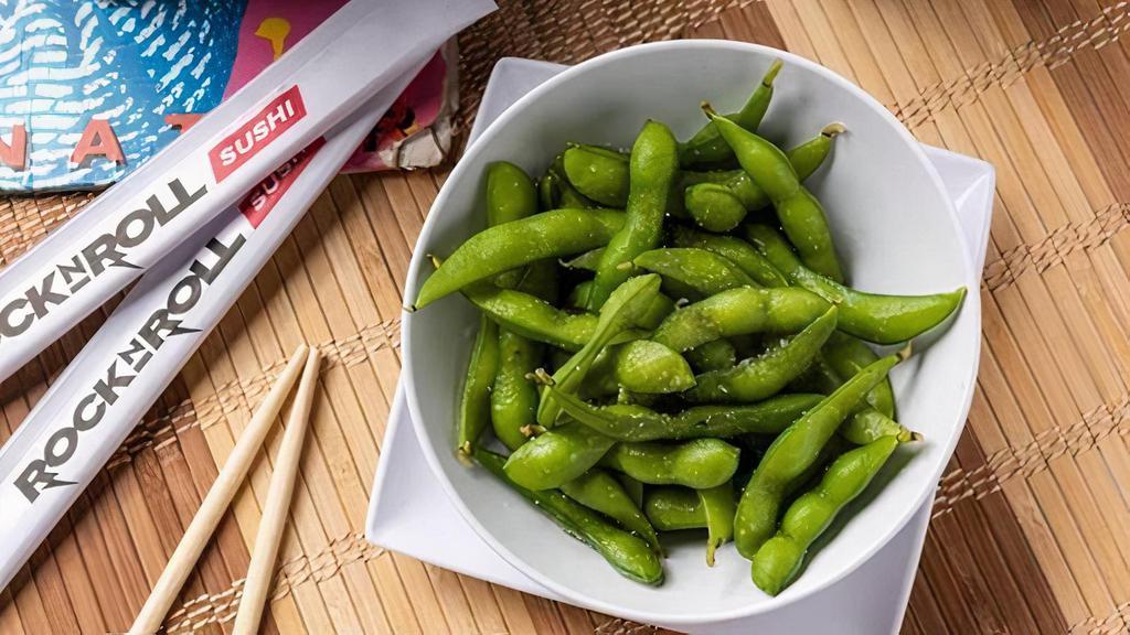 Edamame · Soybeans steamed in their pods and lightly salted. Eat ‘em with your fingers.