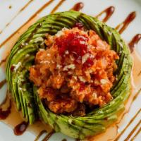 Twisted Tuna · Our spin on tuna tartare. Chopped, spicy red tuna and coolly twisted avocado topped with tob...